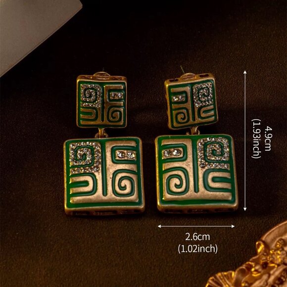 Vintage Gold Green Enamel Geometric Drops - Picture 4 of 5